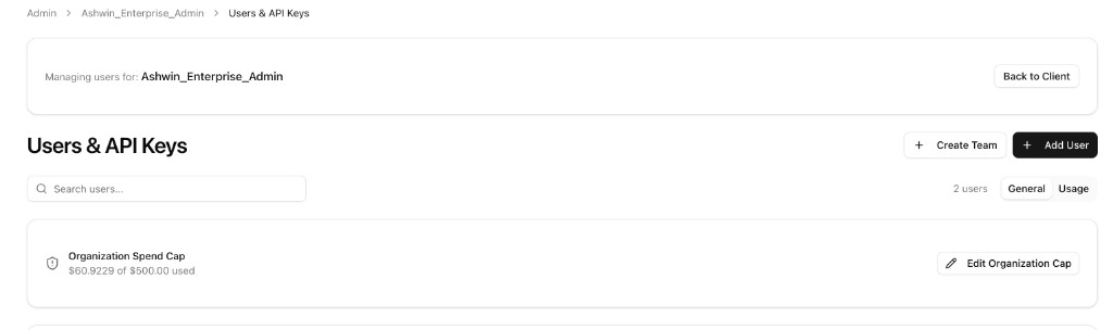 The portal's Users & API Keys page with the Add User button and the organization spend cap