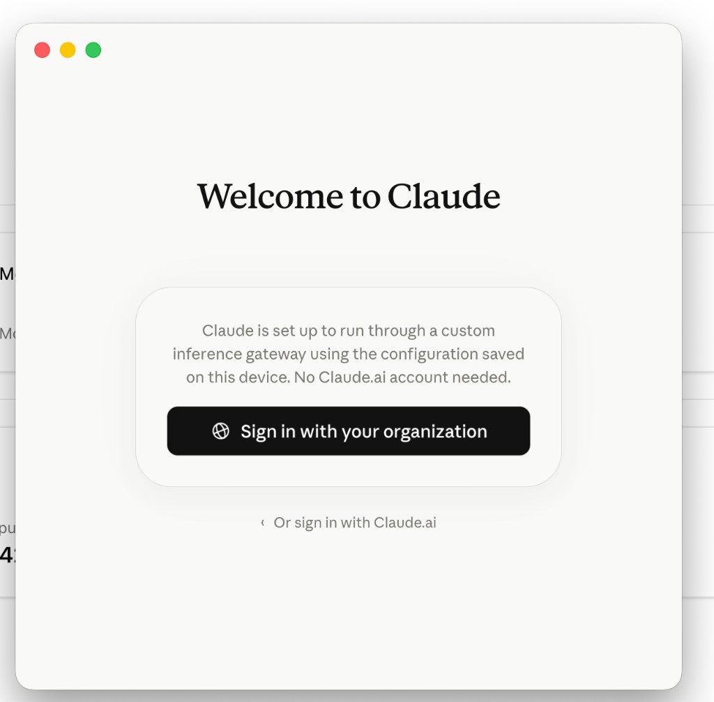 Claude Desktop welcome screen with a 'Sign in with your organization' button